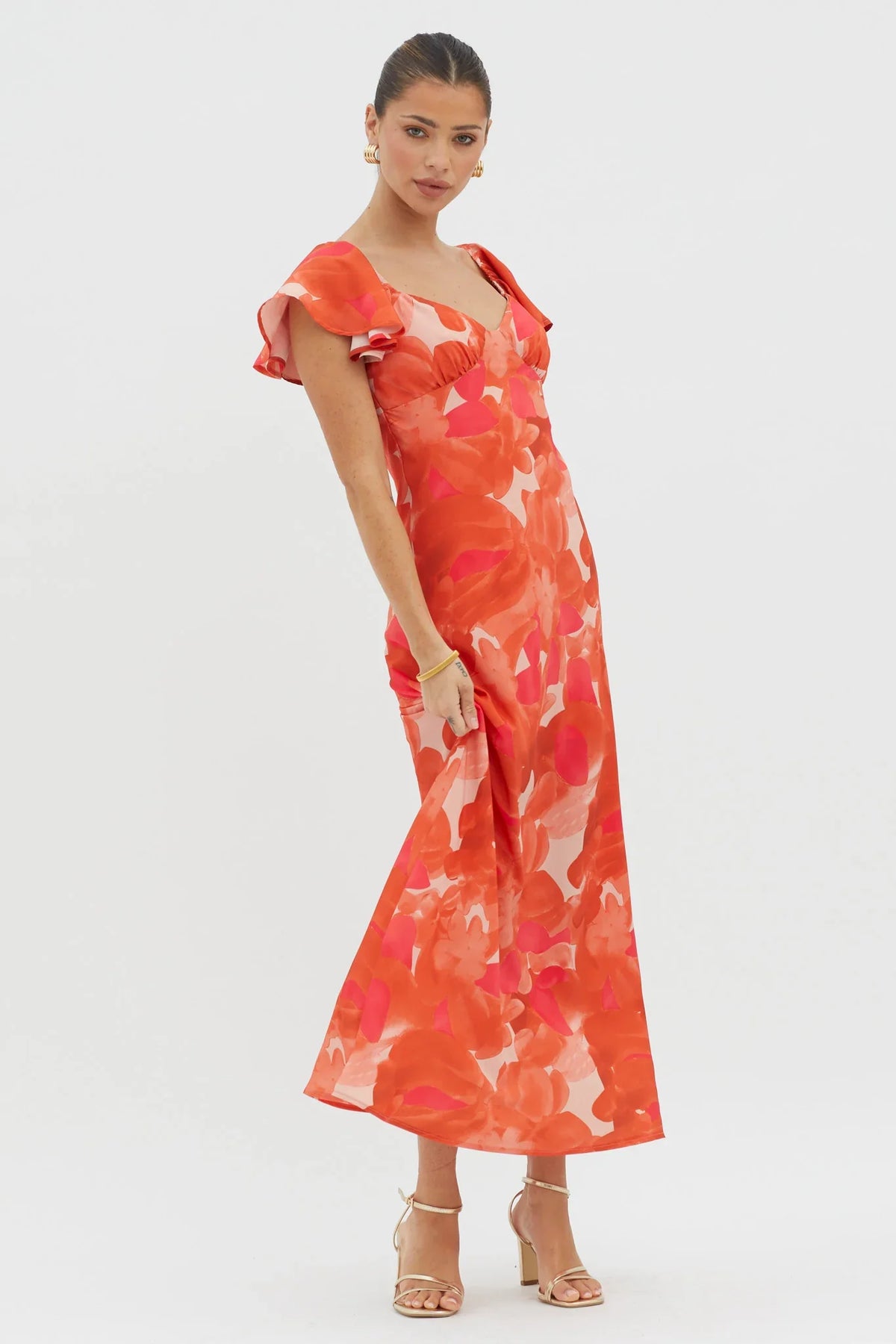 Park Avenue Flutter Sleeve Mini Dress Abstract Orange