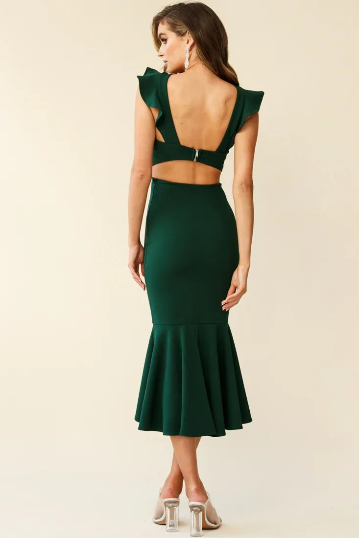 Jackie Wide Ruffle Hem Pinafore Midi Dress Forest Green