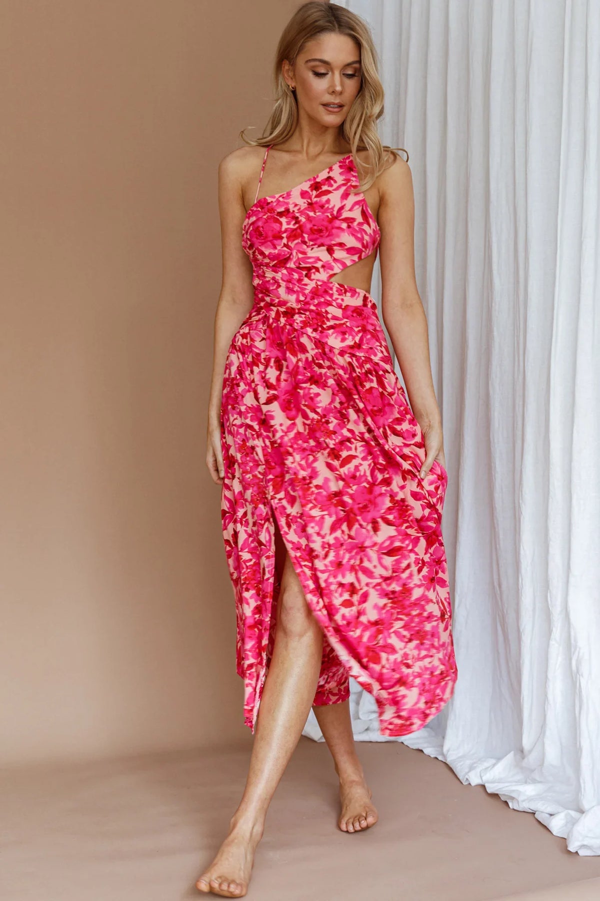 Destination Open Back Midi Dress Floral Pink