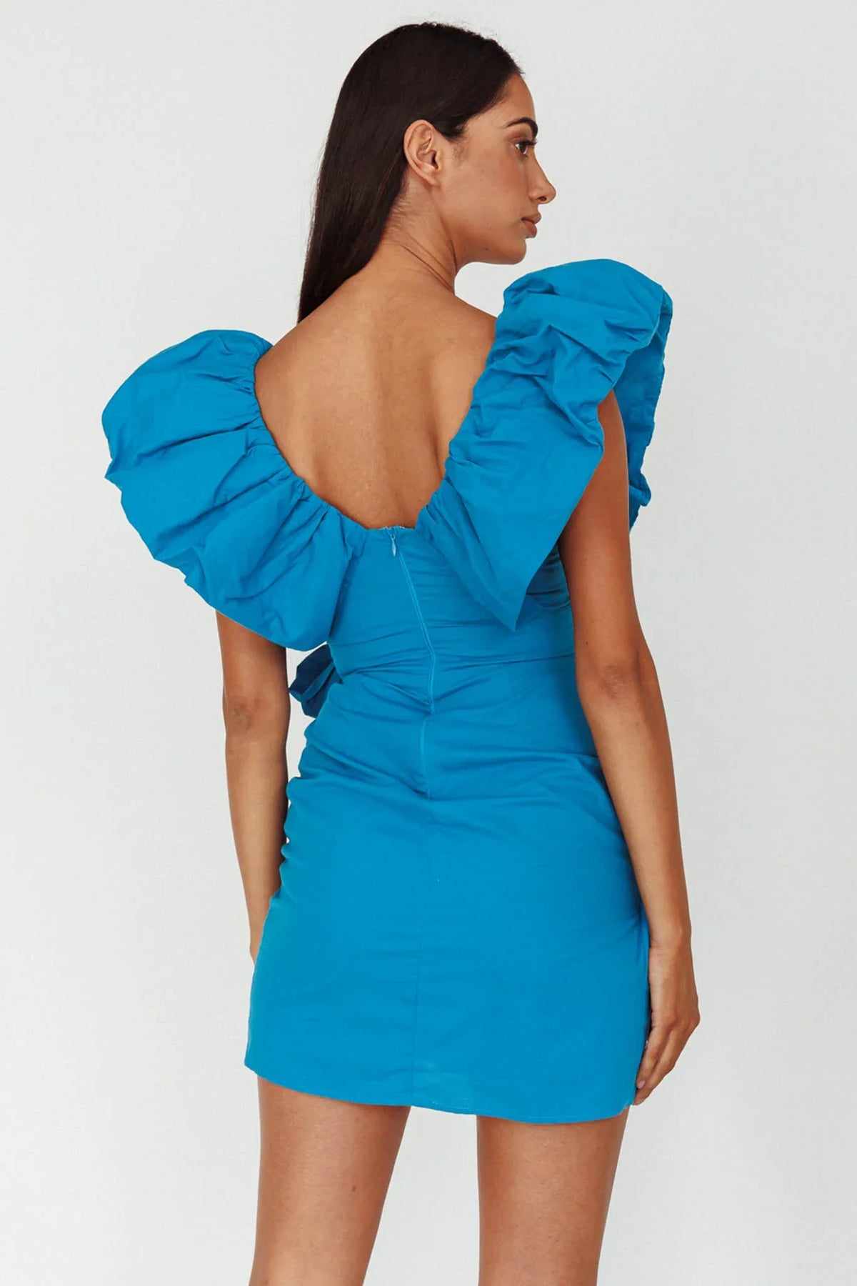 Kahlo Puffed Ruffle Neckline Mini Dress Blue