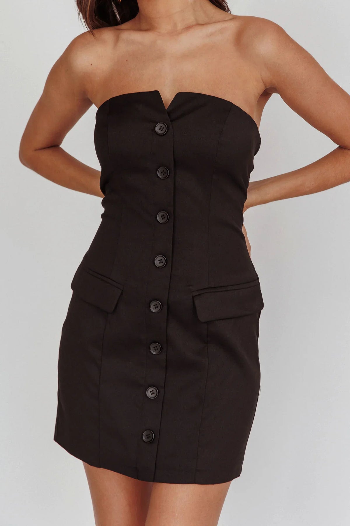 Titania Strapless Buttoned Mini Dress Black