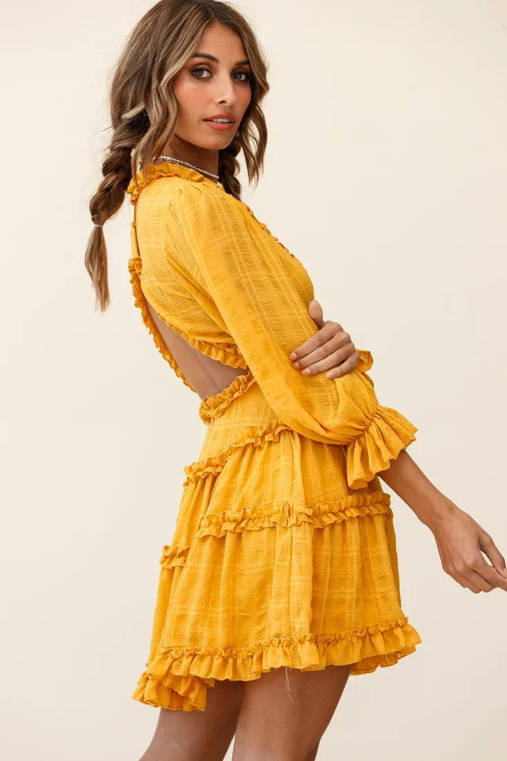 Laney Cutout Back Balloon Sleeve Dress Mustard