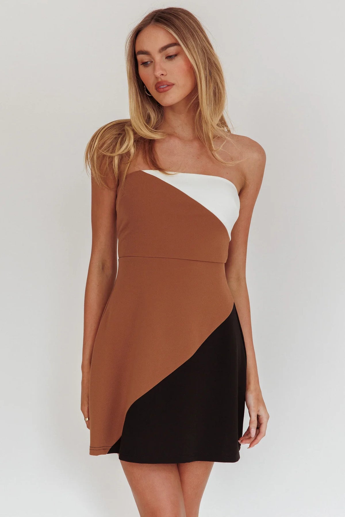 Kindle Strapless Contrast Panels Mini Dress Tan Multi