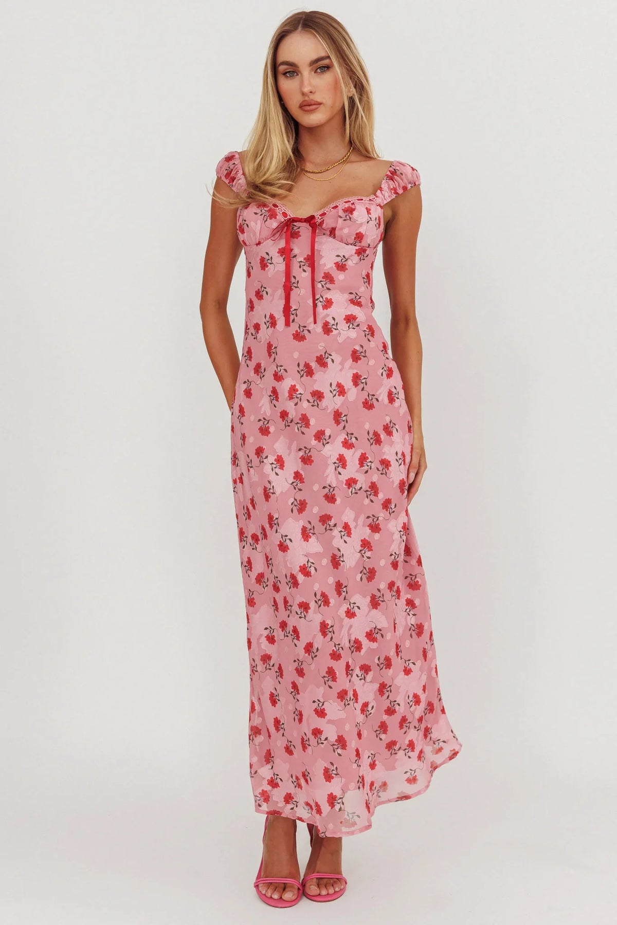 Femme Belle Ribbon Trim Maxi Dress Floral Pink
