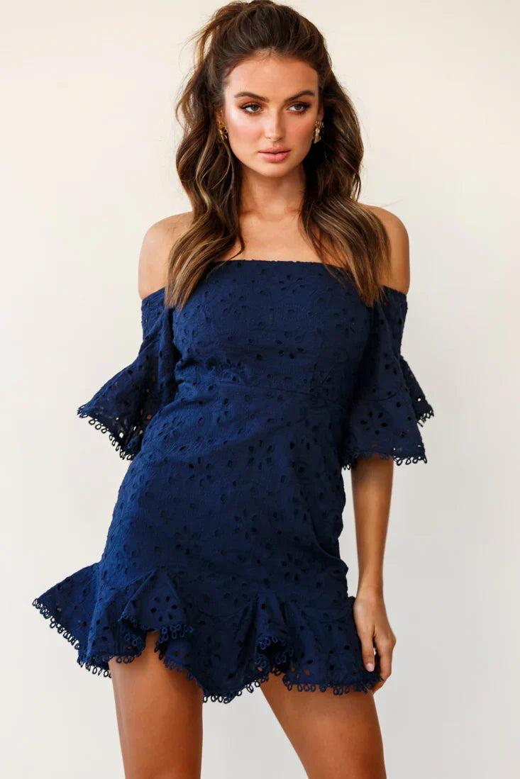Elissa Off-Shoulder Broderie Anglaise Dress Navy