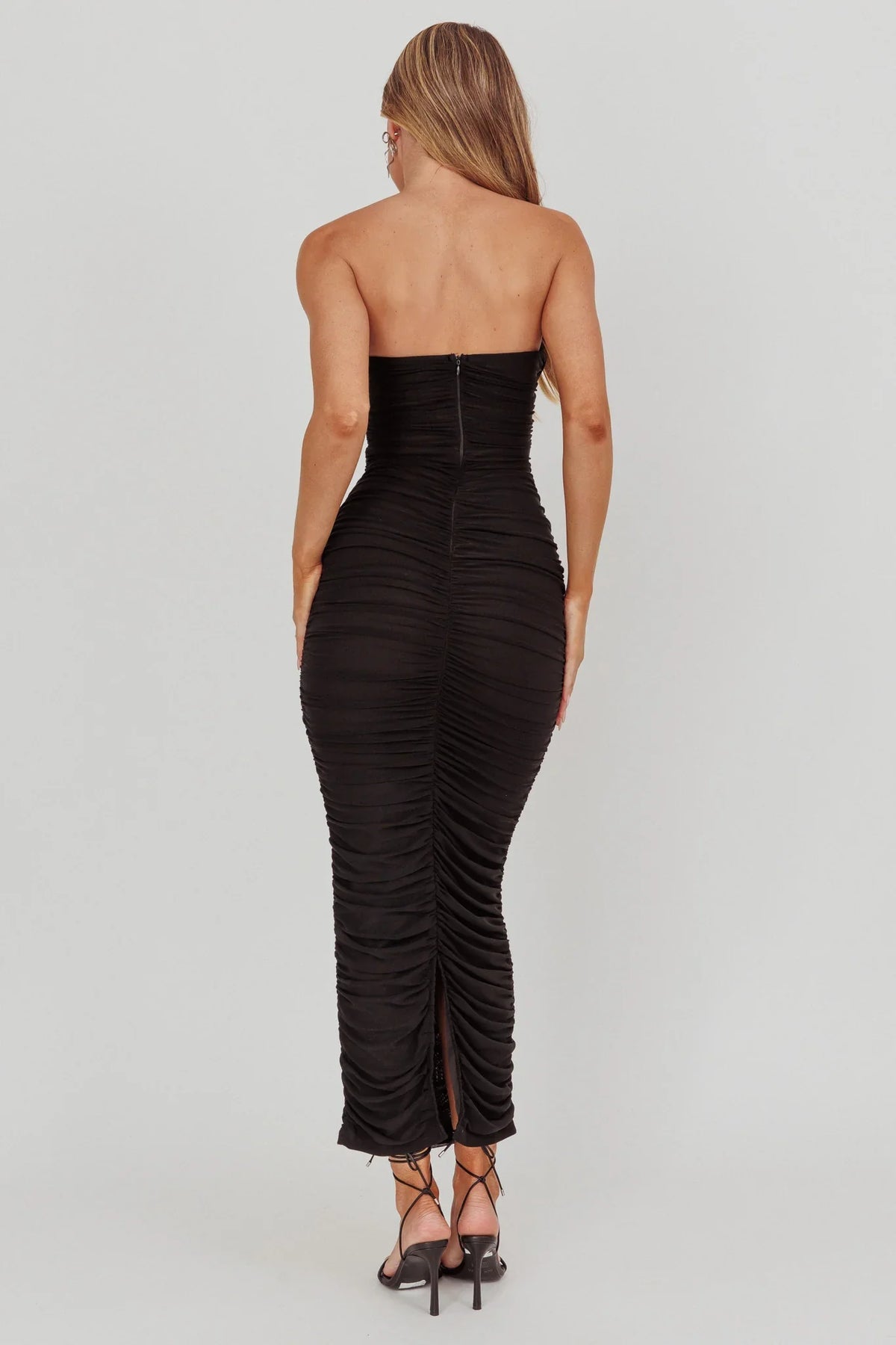 Midwest Strapless Gathered Mesh Maxi Dress Black