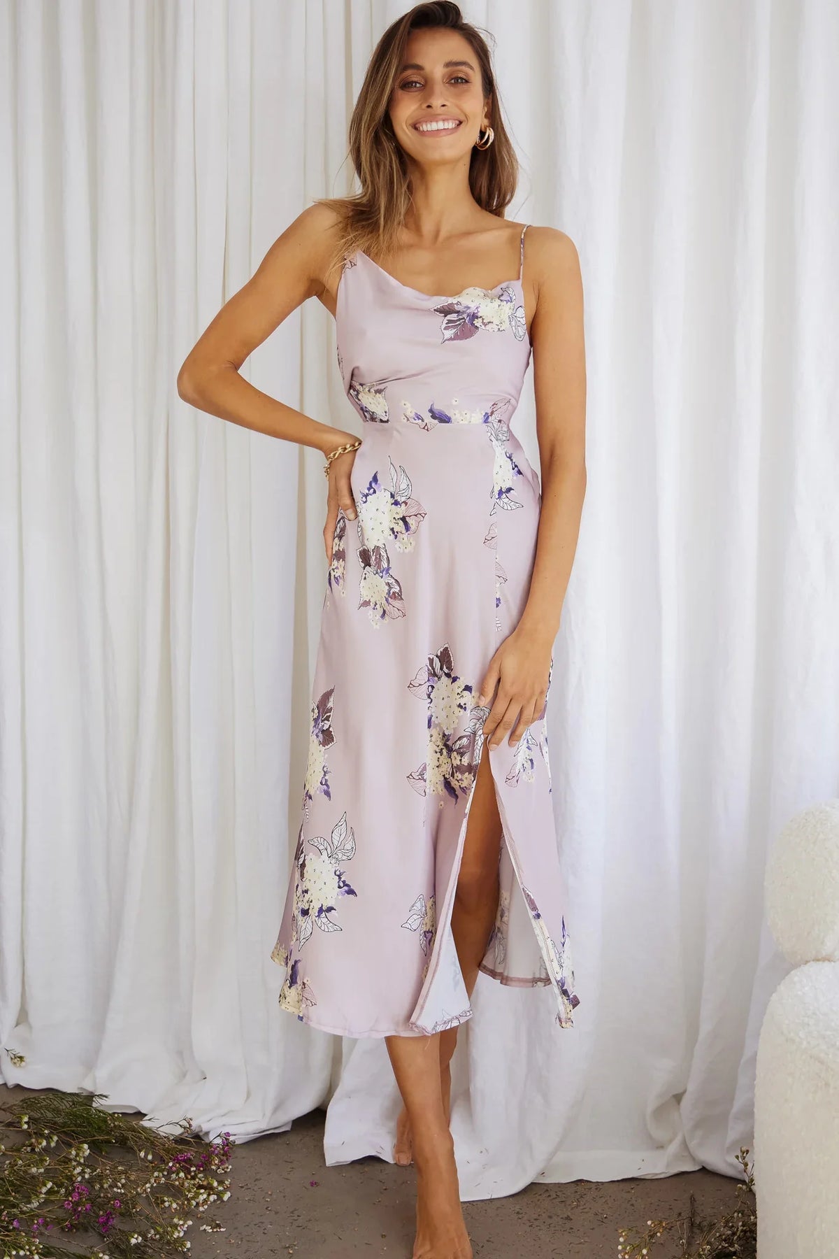 Suki Front Split Midi Dress Hydrangea Print Pink