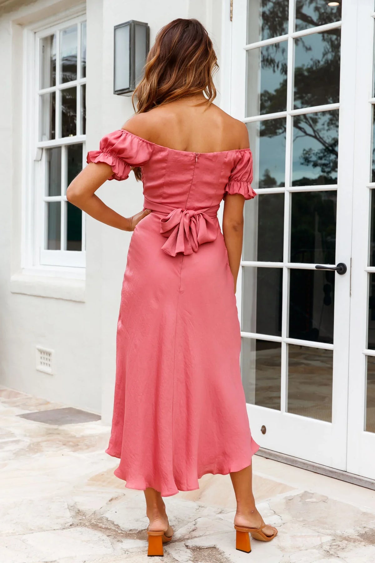 Linka Off-Shoulder Tie Back Midi Dress Rose
