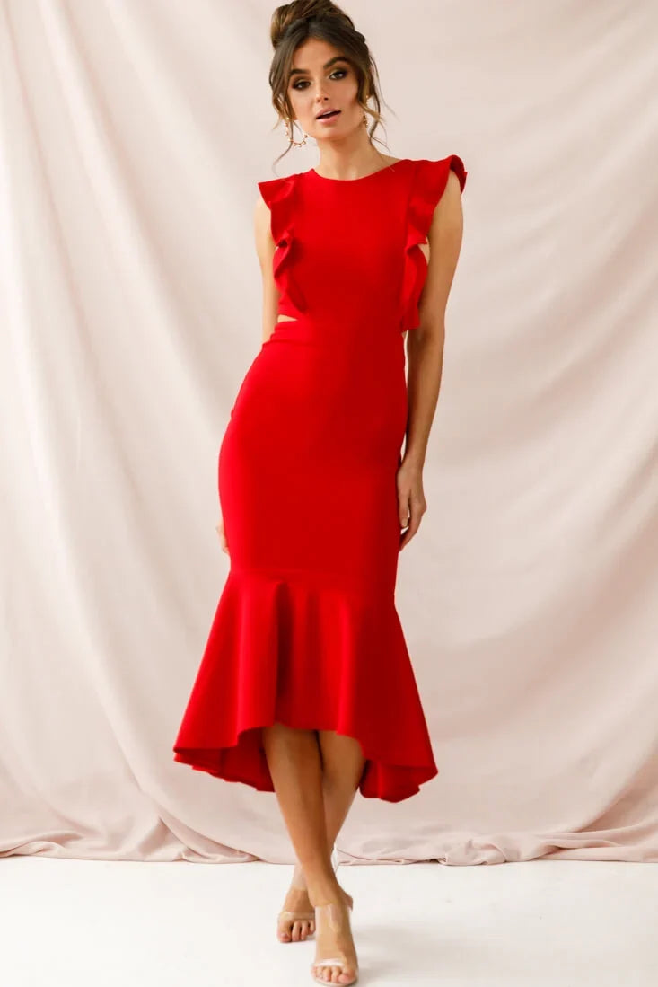 Jackie Wide Ruffle Hem Pinafore Midi Dress Red