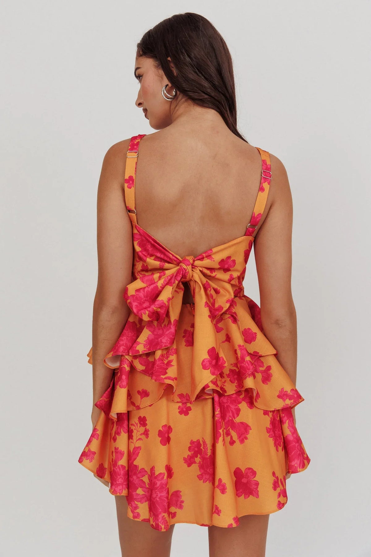 Like Me V-Neck Tied Back Floral Romper Orange