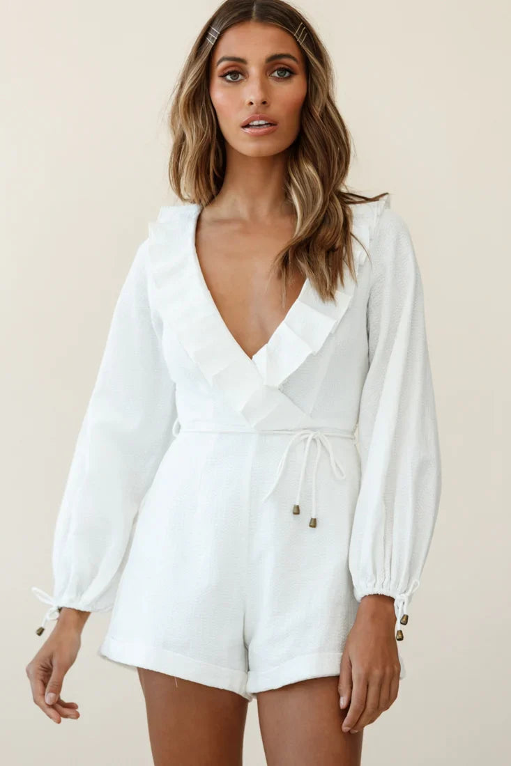 Tegan Long Sleeve Ruffle Neckline Romper White