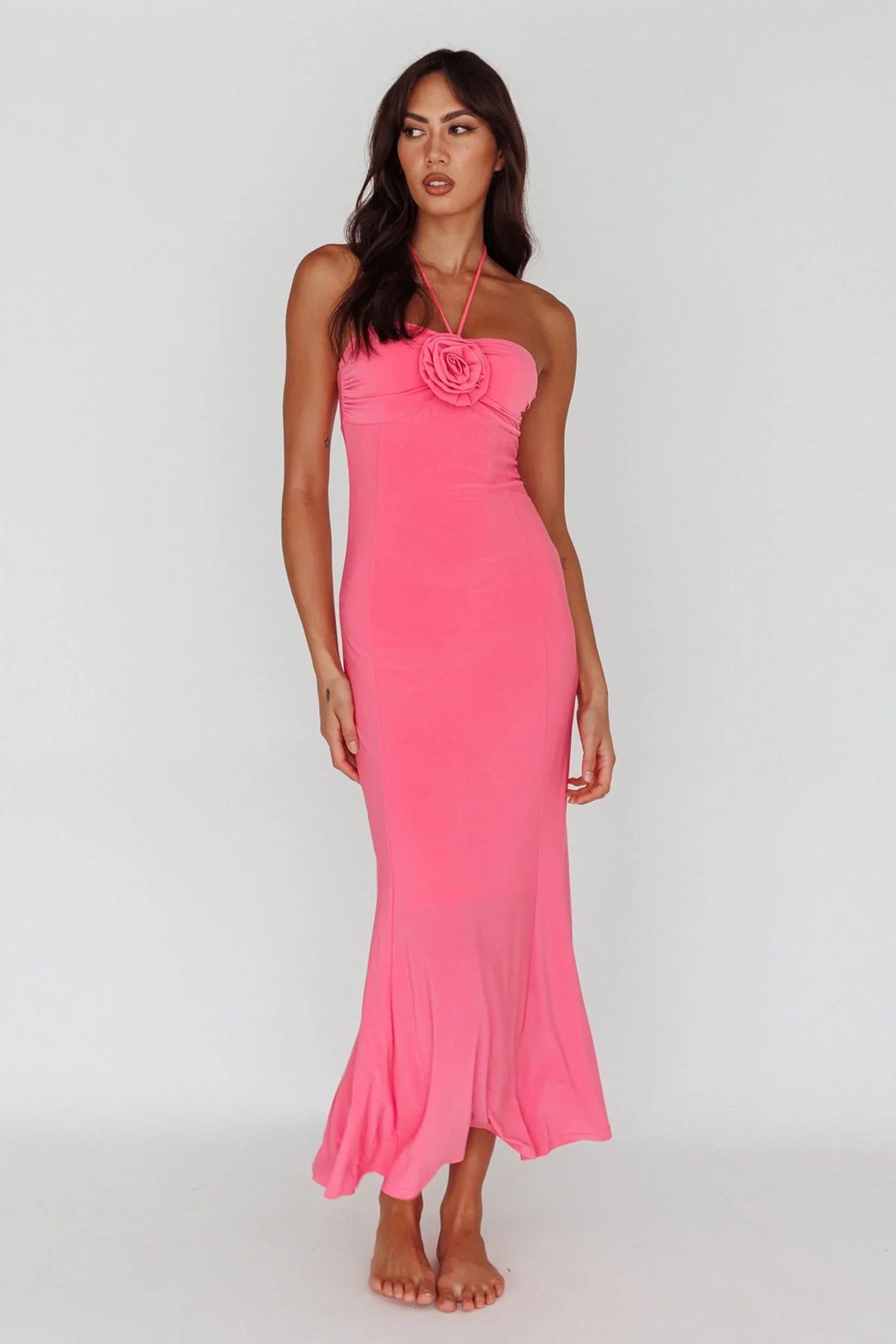 Ibiza Sunset Bust Flower Midi Dress Hot Pink