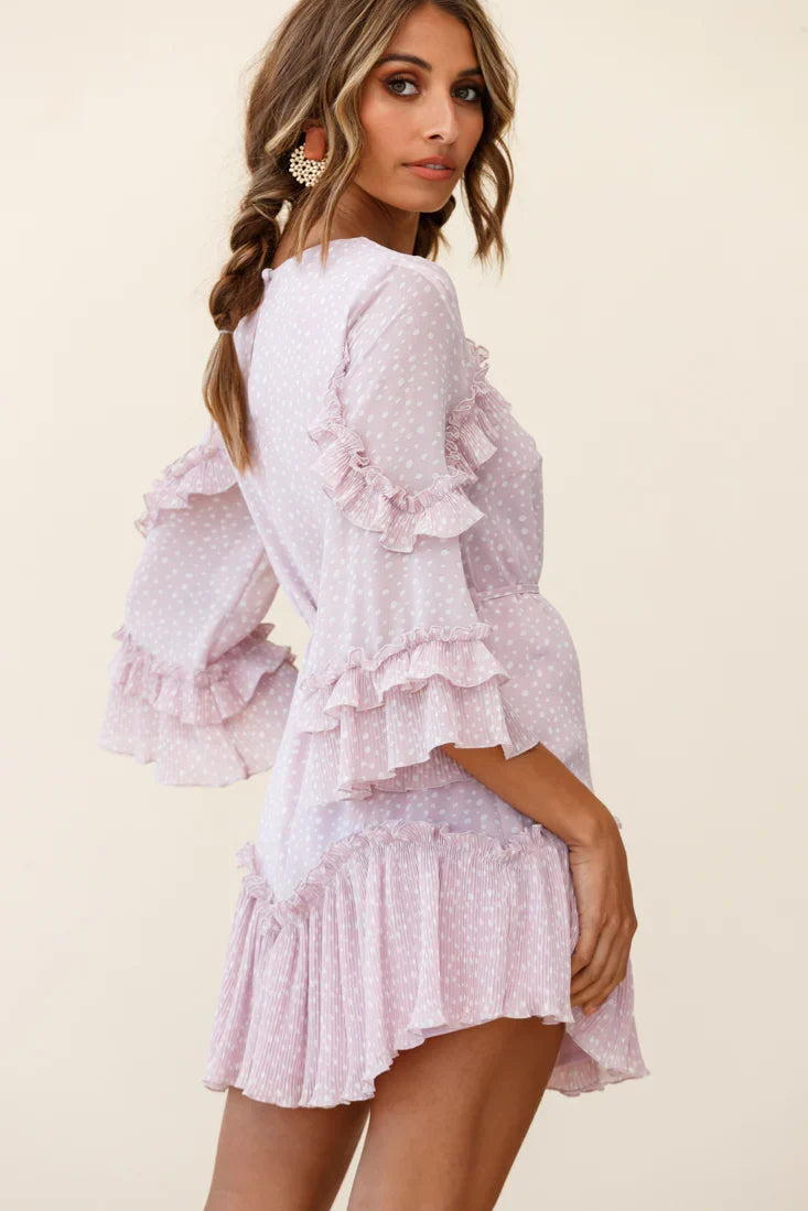Yours Sincerely Three-Quarter Sleeve Accordion Pleat Dress Speckle Print Pink
