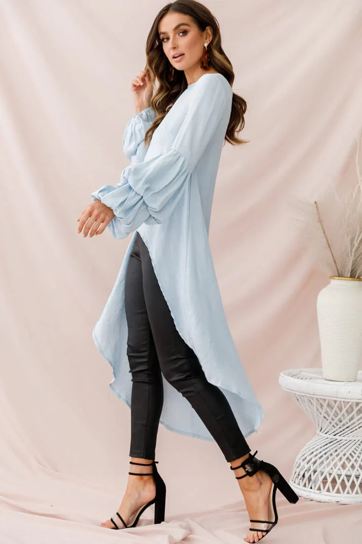 Elaine High Low Balloon Sleeve Top Blue