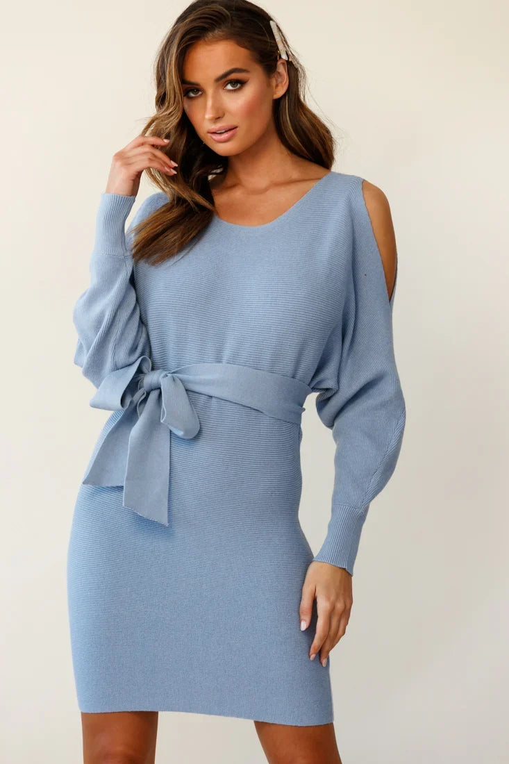 Sorry, Honey Cold Shoulder Knit Dress Midnight Blue