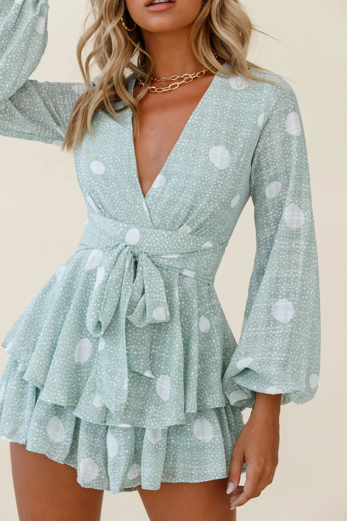 Maddox Fit & Flare Long Sleeve Romper Polka Dot Print Green
