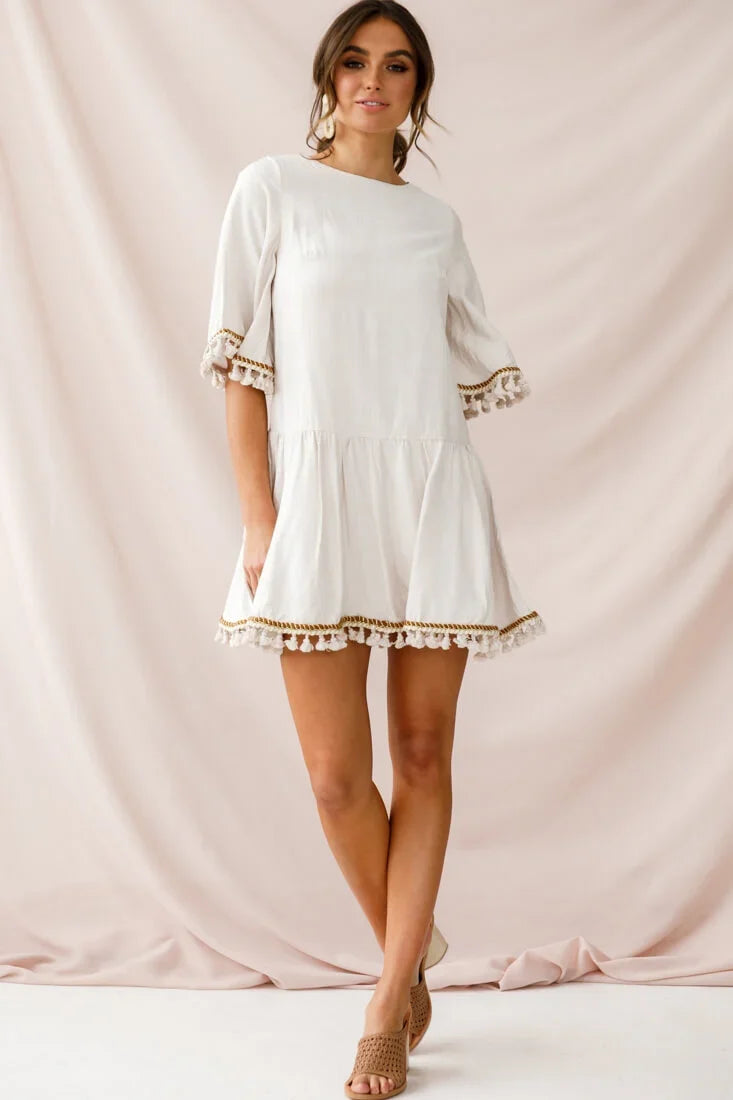 Donna Dropped Waist Tassel Dress Beige