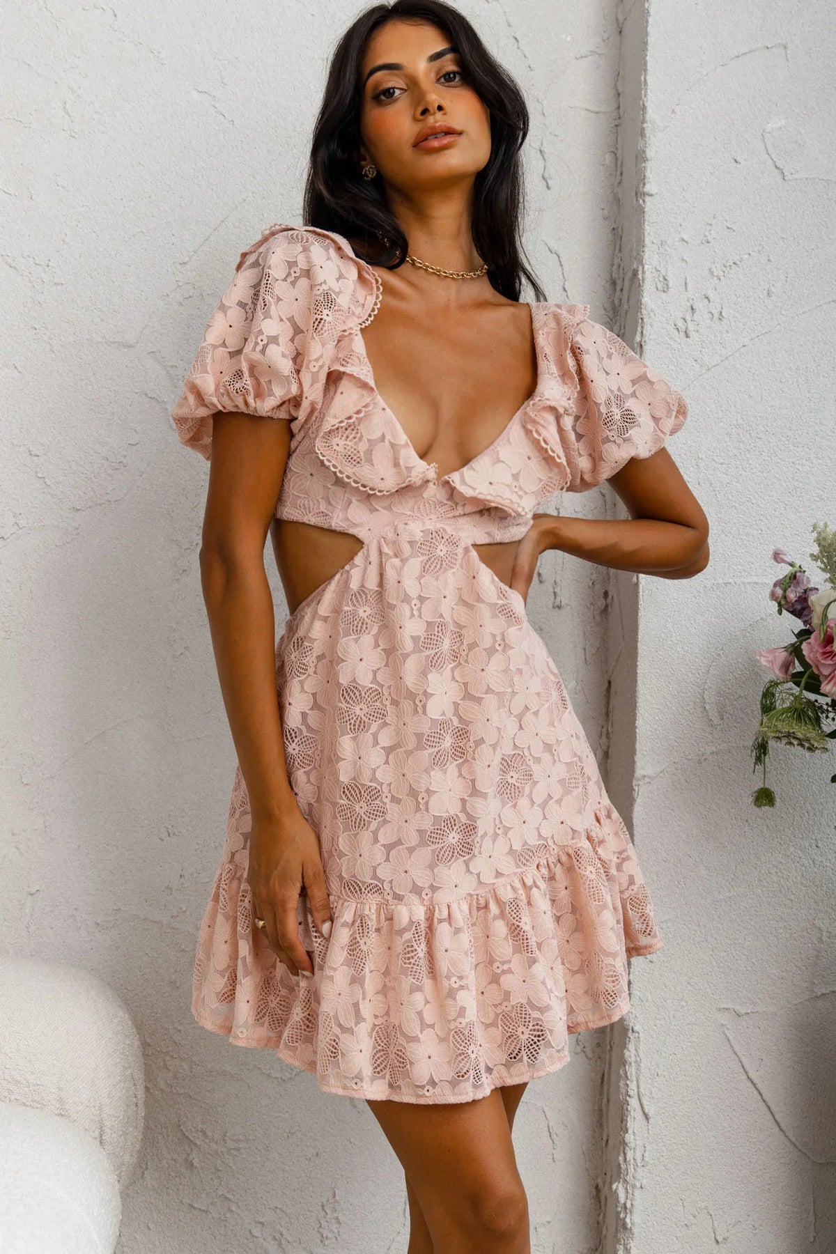 Sweet Life Cut-Out Waist Lace Dress Peach