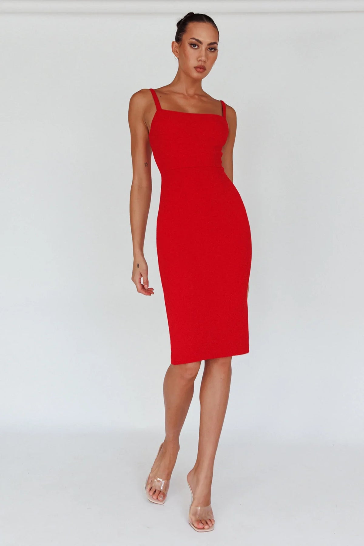 Georgia Square Neckline Midi Dress Red