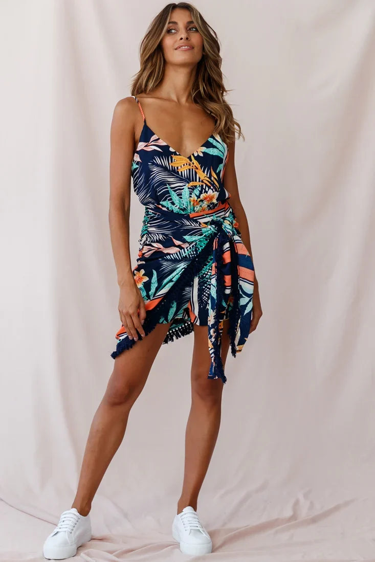 Mahalo Tassel Detail Tropical Romper Navy