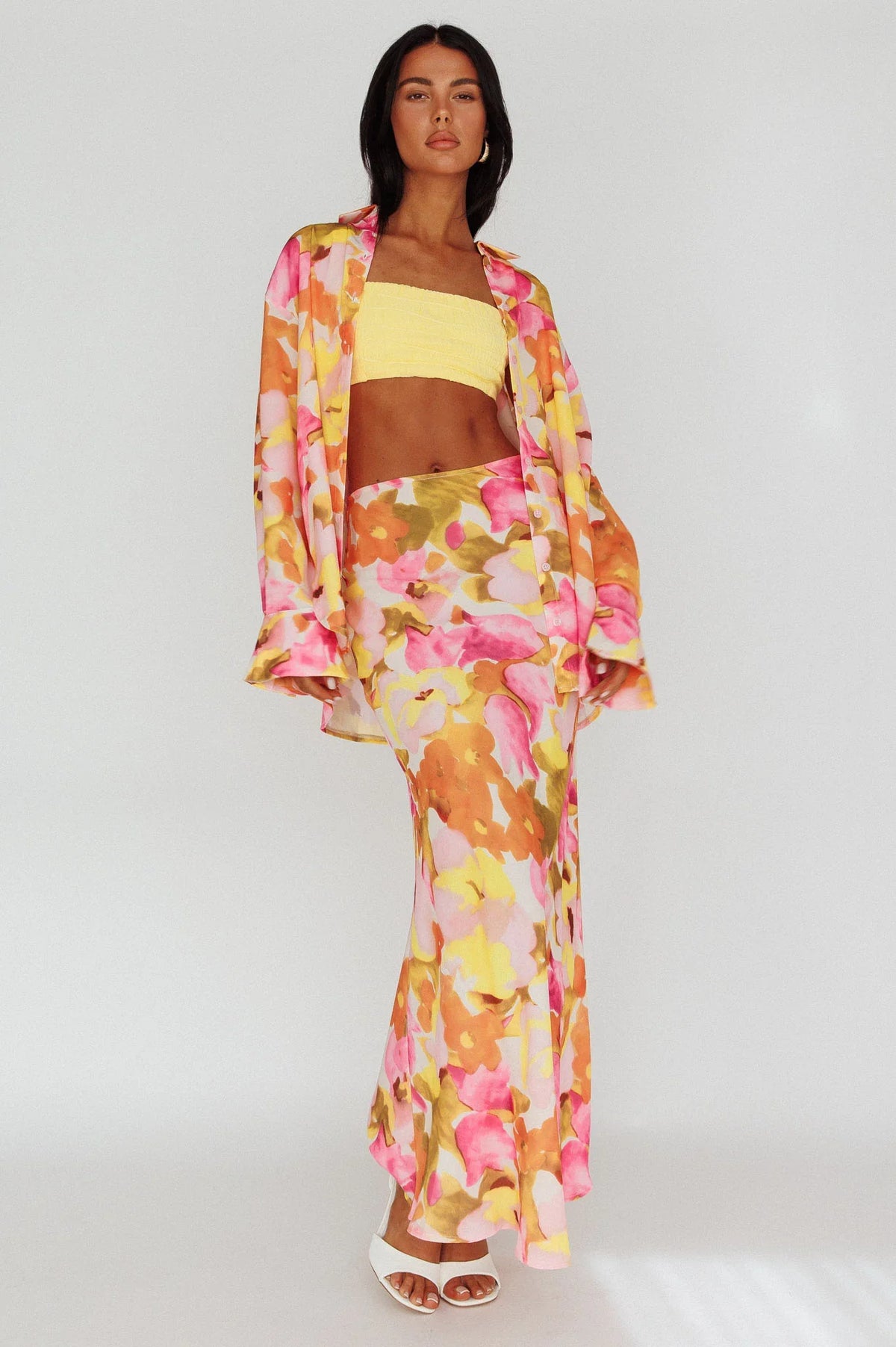 Vacation Long Sleeve Flared Cuff Shirt Pink/Yellow