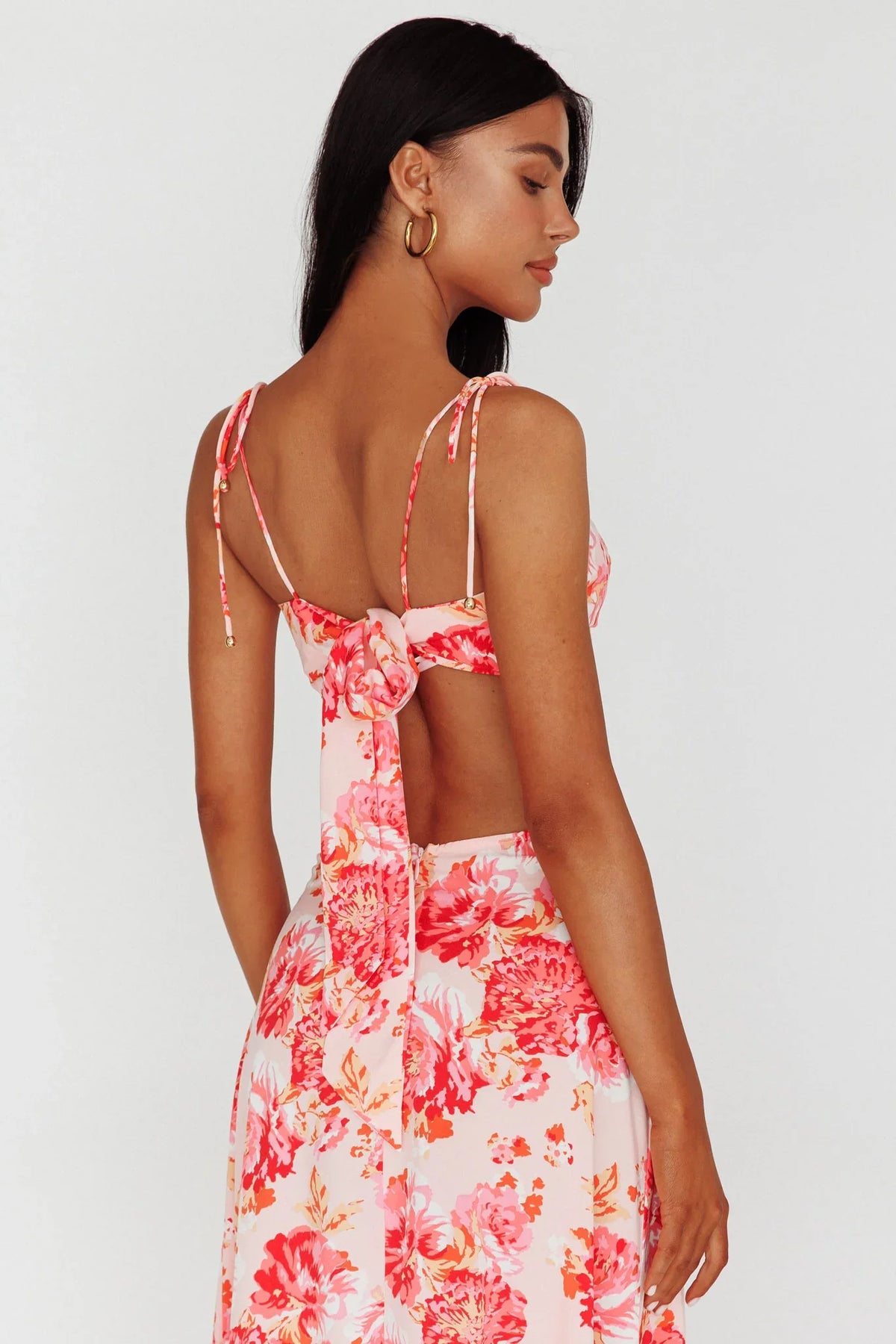 Gabbi Tied Shoulder Crop Top Floral Pink