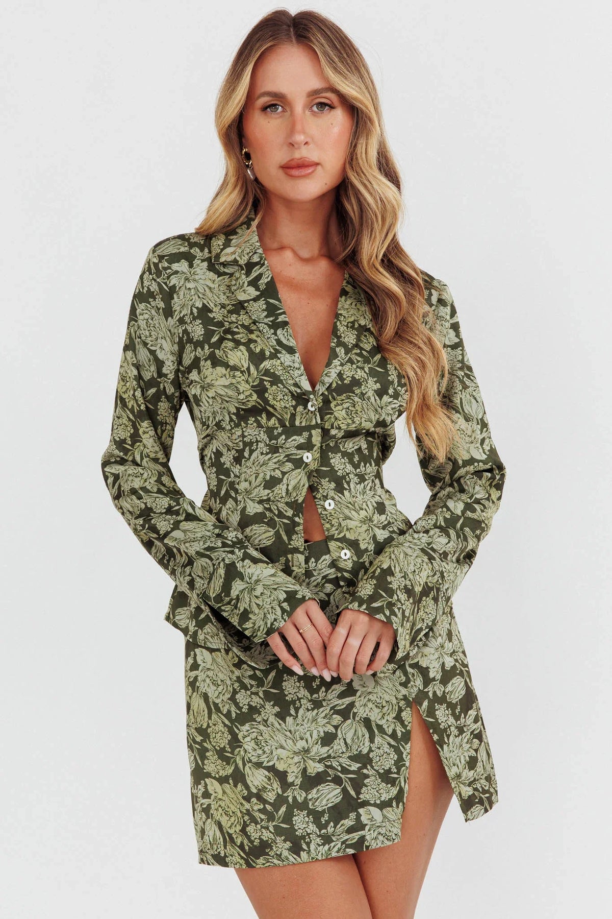 Caledonia Collared Button-Up Satin Shirt Floral Olive