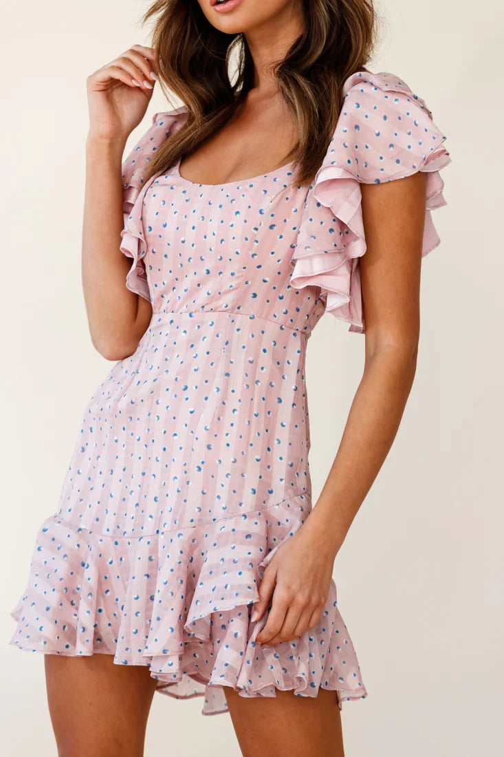 All Or Nothing Flounce Sleeve Lace-Up Back Dress Speckle Print Pink