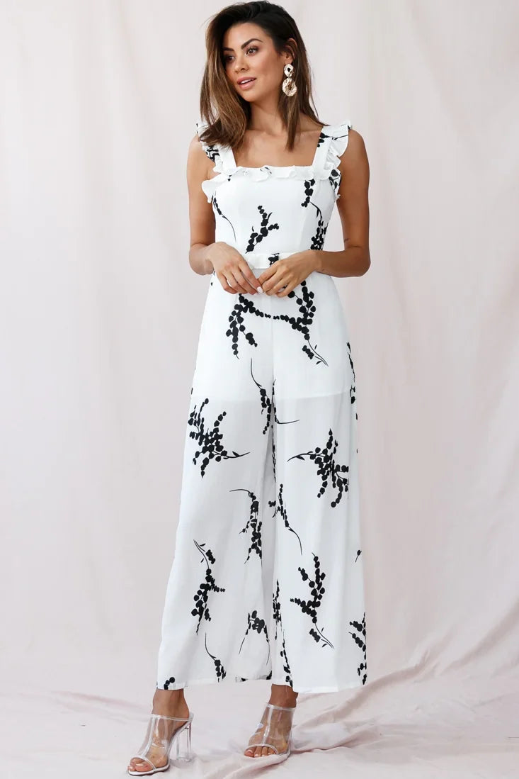 Azure Frill Strap Wide Leg Jumpsuit Floral Print White
