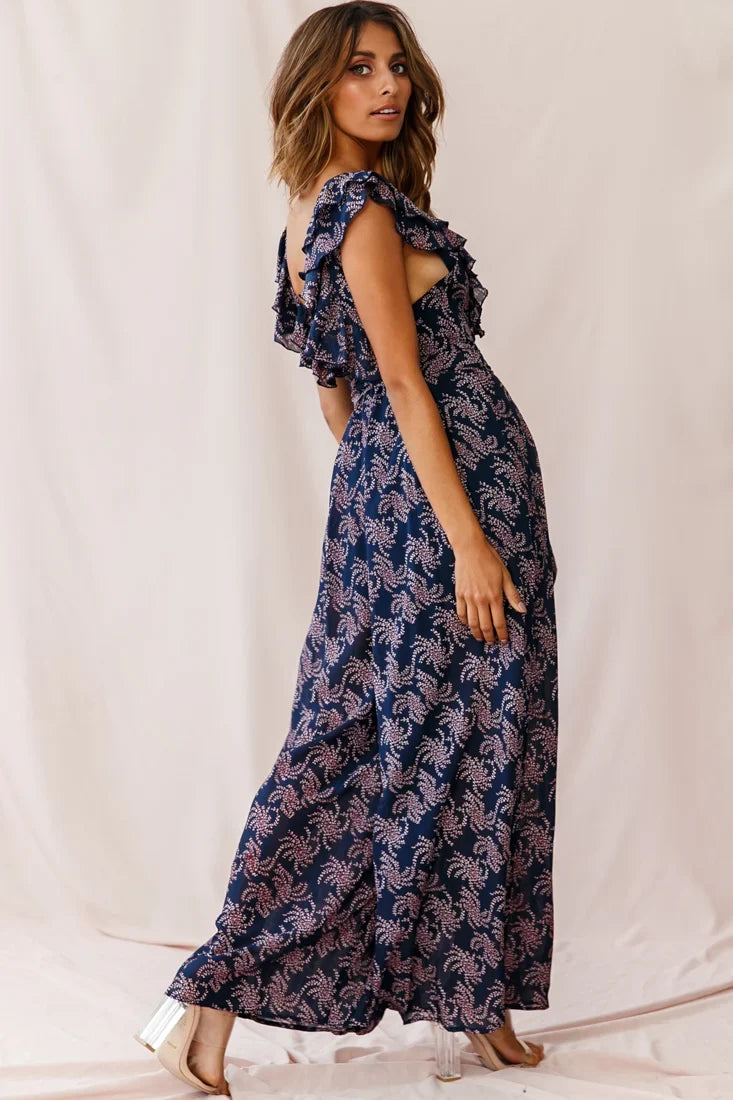 Marcia Ruffle Strap Wide Leg Jumpsuit Floral Print Navy/Pink