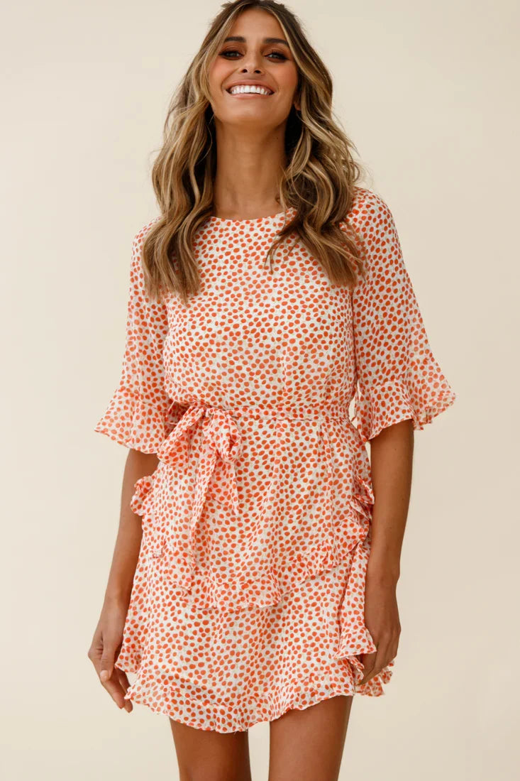 Wife Me Crew Neck Ruffle Insert Dress Polka Dot Orange