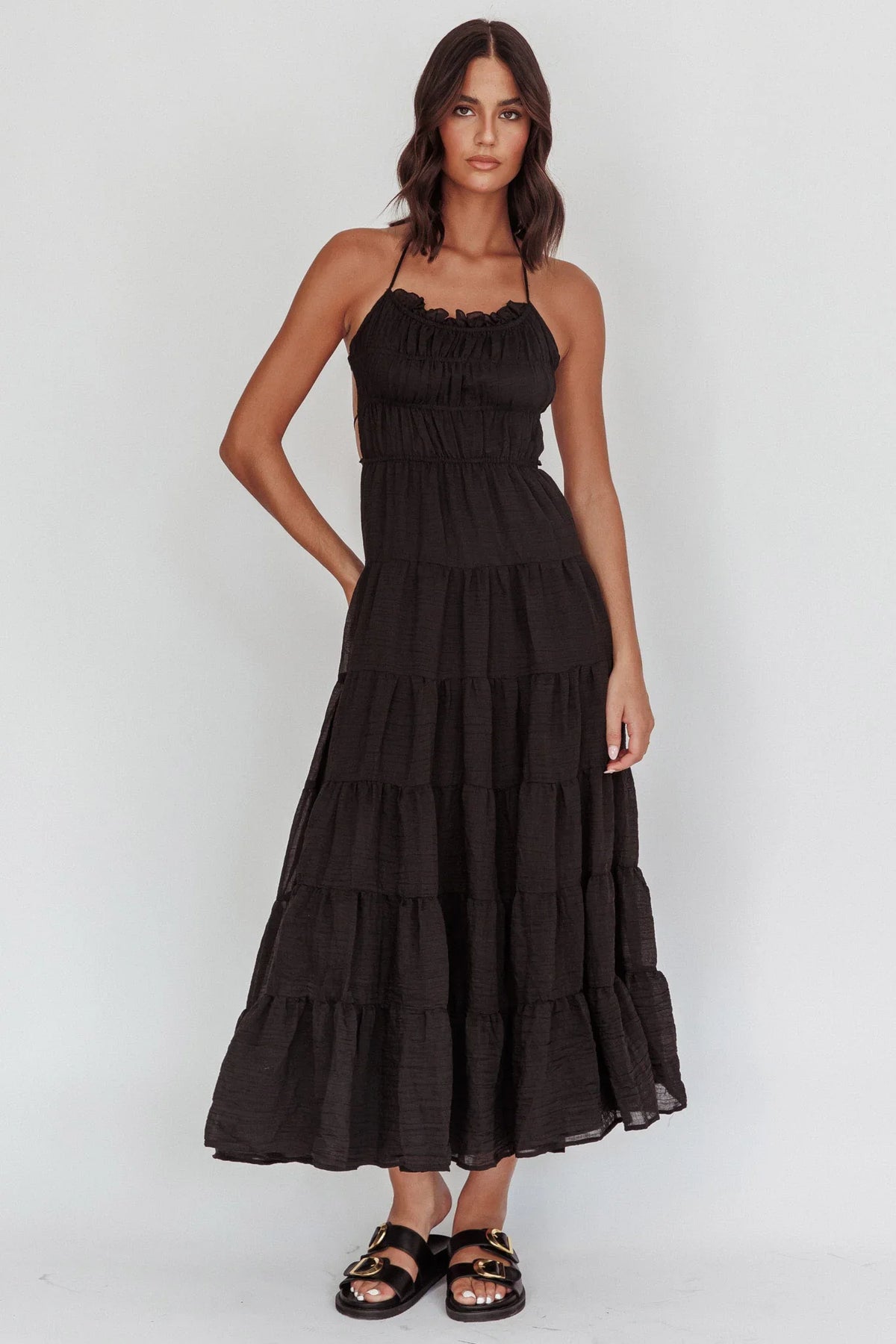On A High Open Back Maxi Dress Black