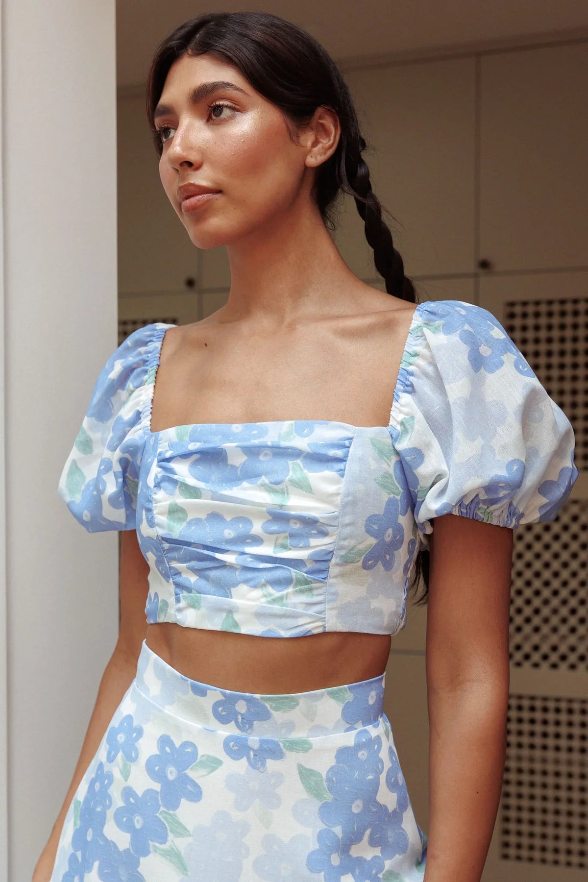 The Moment Puff Sleeve Crop Top Floral Blue