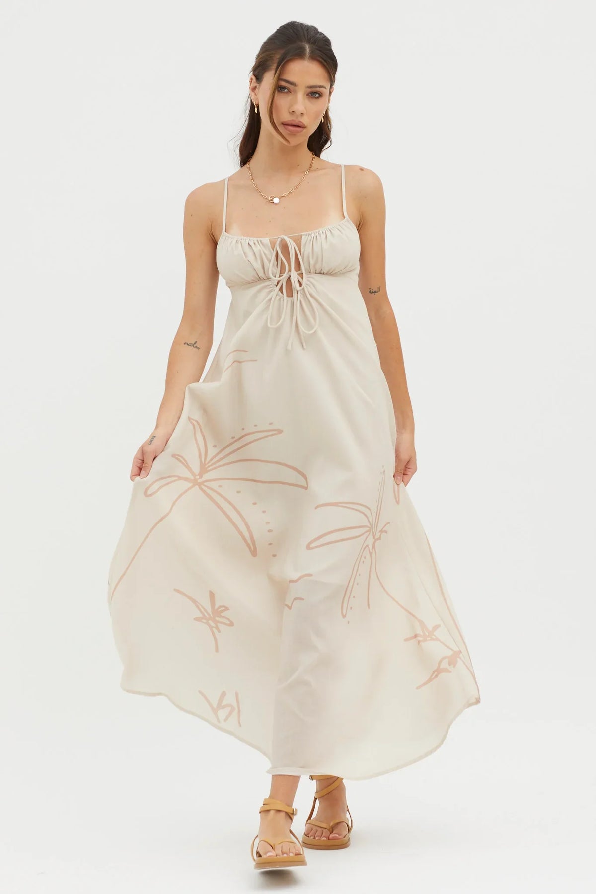Yuki Tied Bust Midi Dress Sand