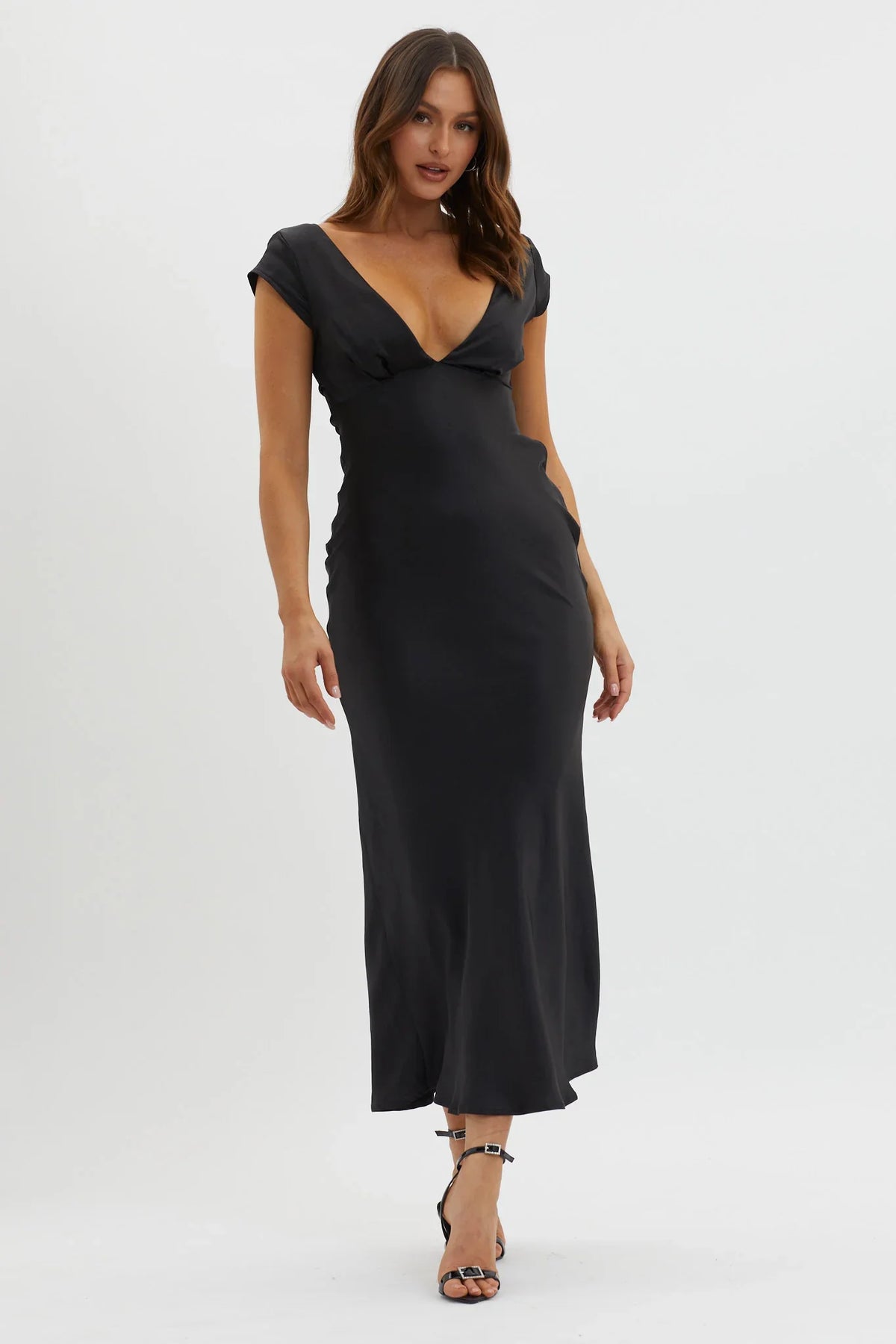 Lucinda V-Neck Twist Back Midi Dress Black