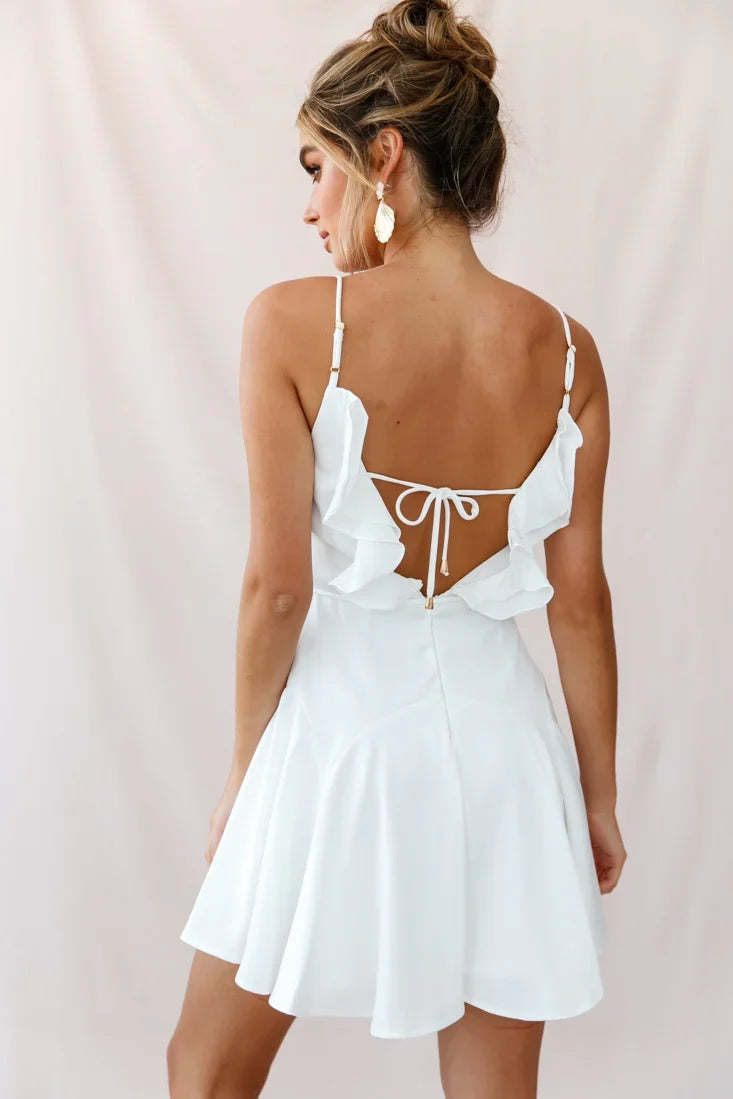 Valley Ruffle Tie-Up Back Dress White