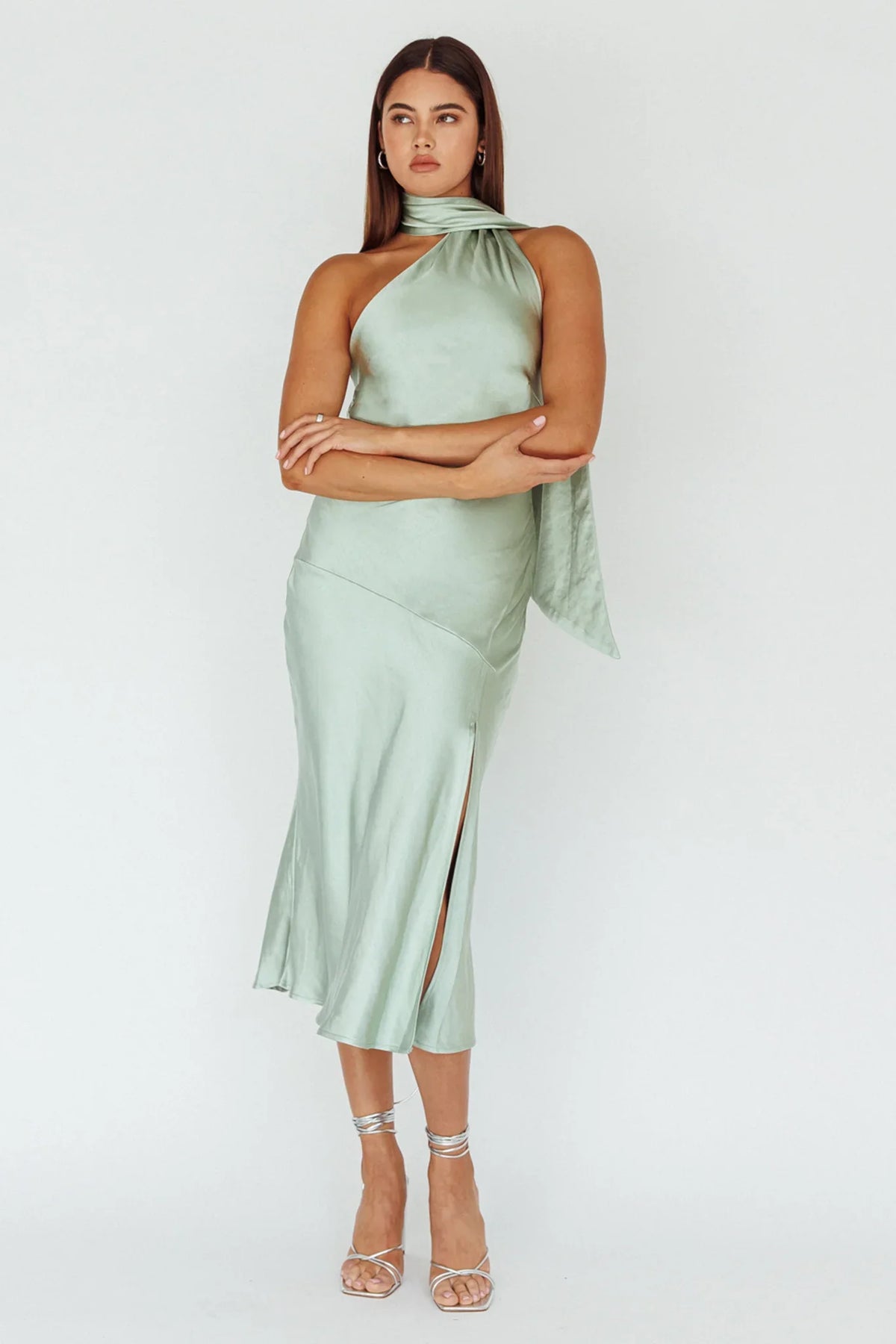 Italian Summer Tie Neck Midi Dress Sage