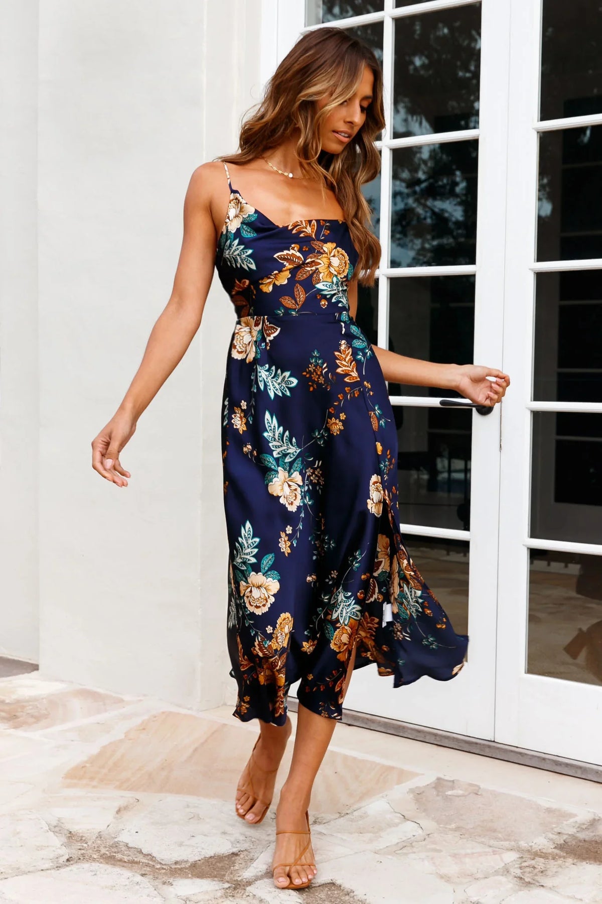 Suki Front Split Midi Dress Oriental Floral Print Navy