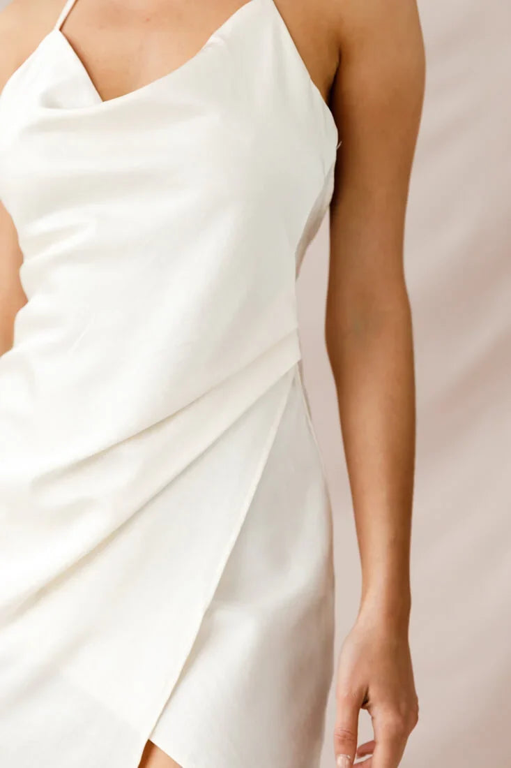Hey Girl Cowl Neck Wrap Front Dress White