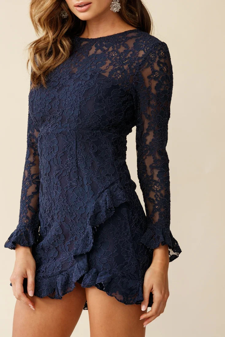 Tilly Lace Overlay Ruffle Trimmed Back Dress Navy