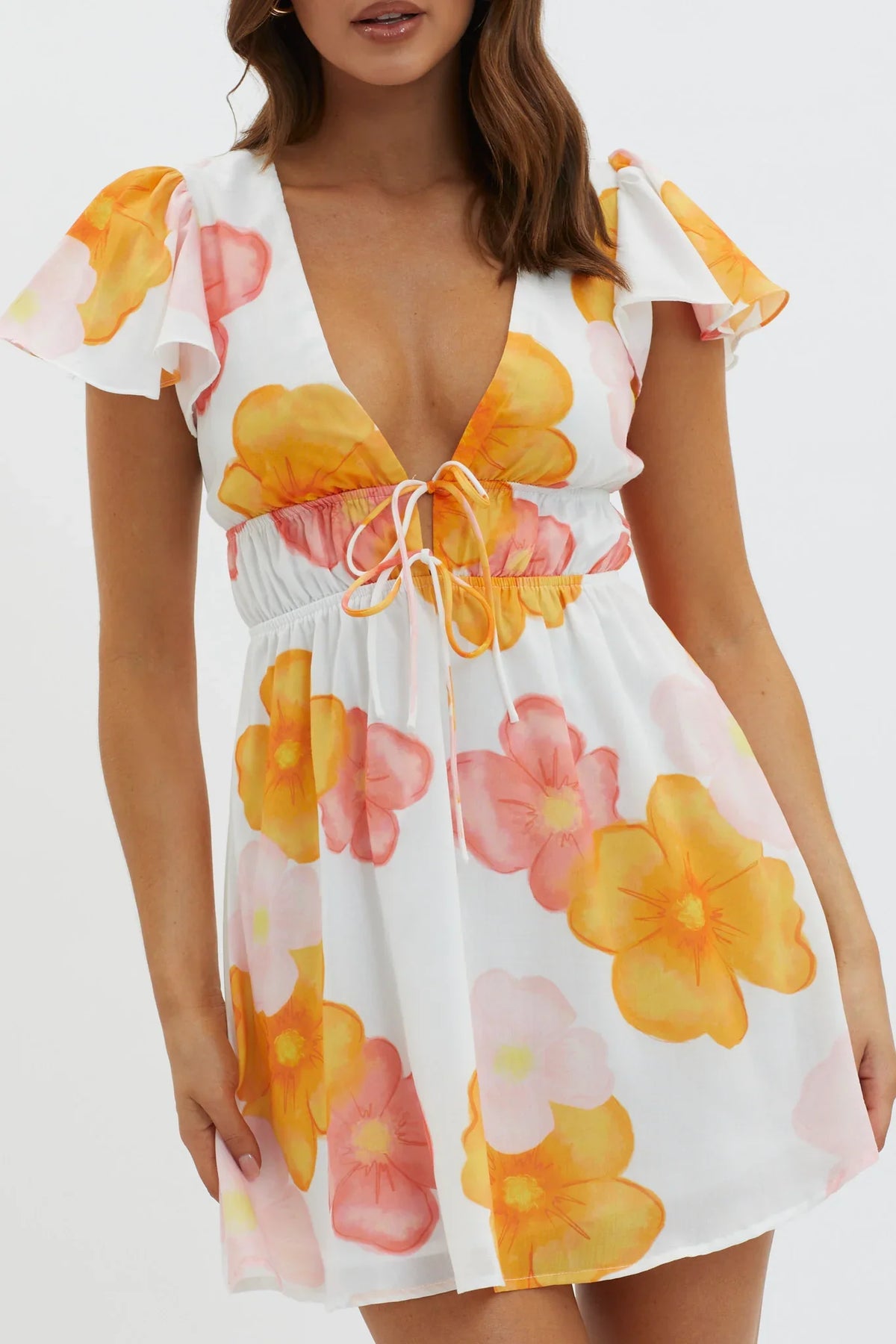 Carnivale Angel Sleeve Mini Dress Floral Orange