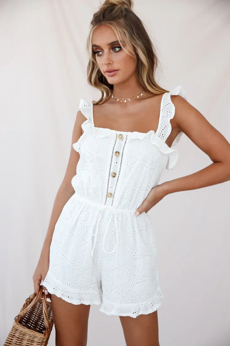 Virginia Ruffle Strap Eyelet Embroidery Romper White
