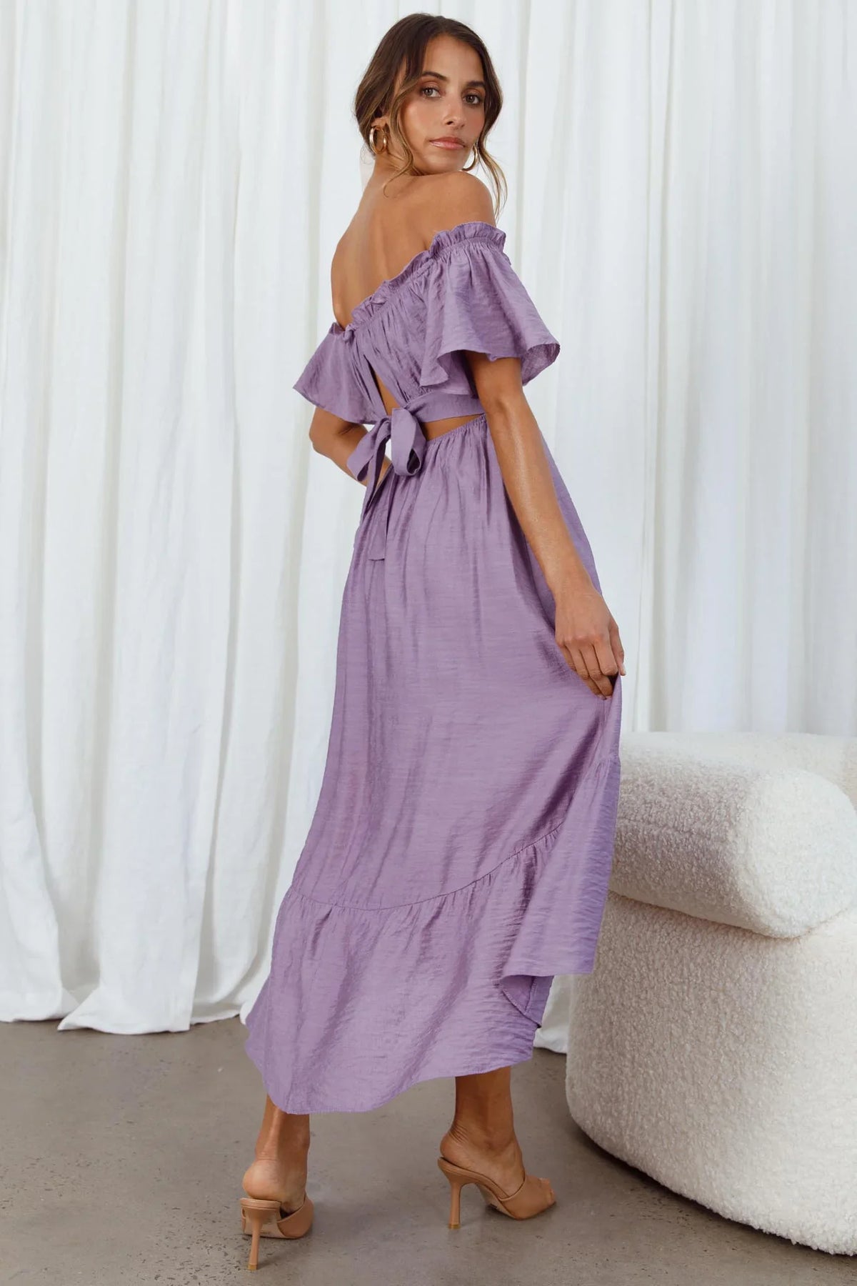 Dandelion Off-Shoulder Tied Back Midi Dress Purple