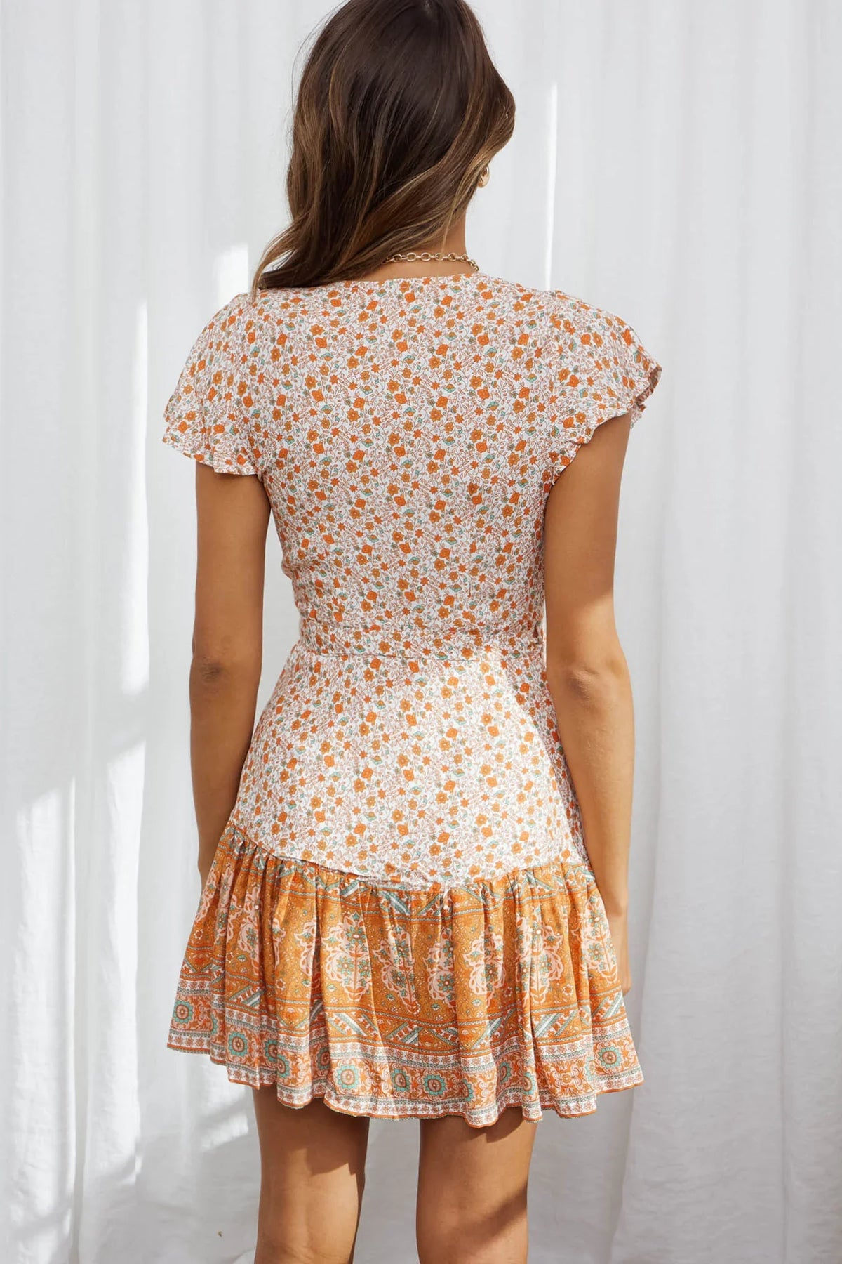 Mayan Angel Sleeve Waist Tie Wrap Dress Floral Print Orange