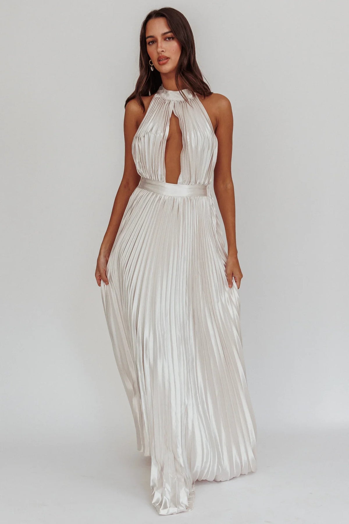 Monarch Pleated Satin Maxi Dress Champagne