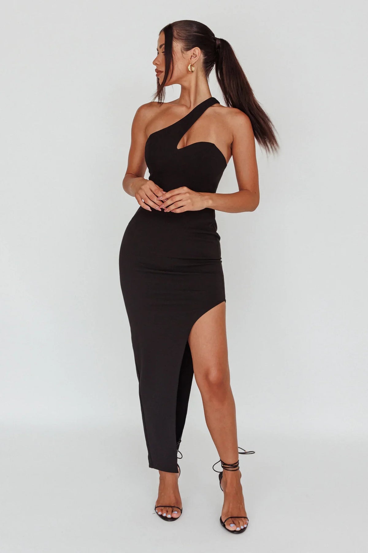 Shooting Stars One-Shoulder Midi Dress Black