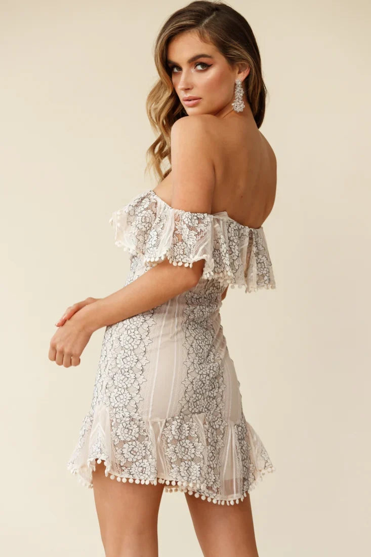 Marmont Off Shoulder Floral Lace Detail Dress Nude