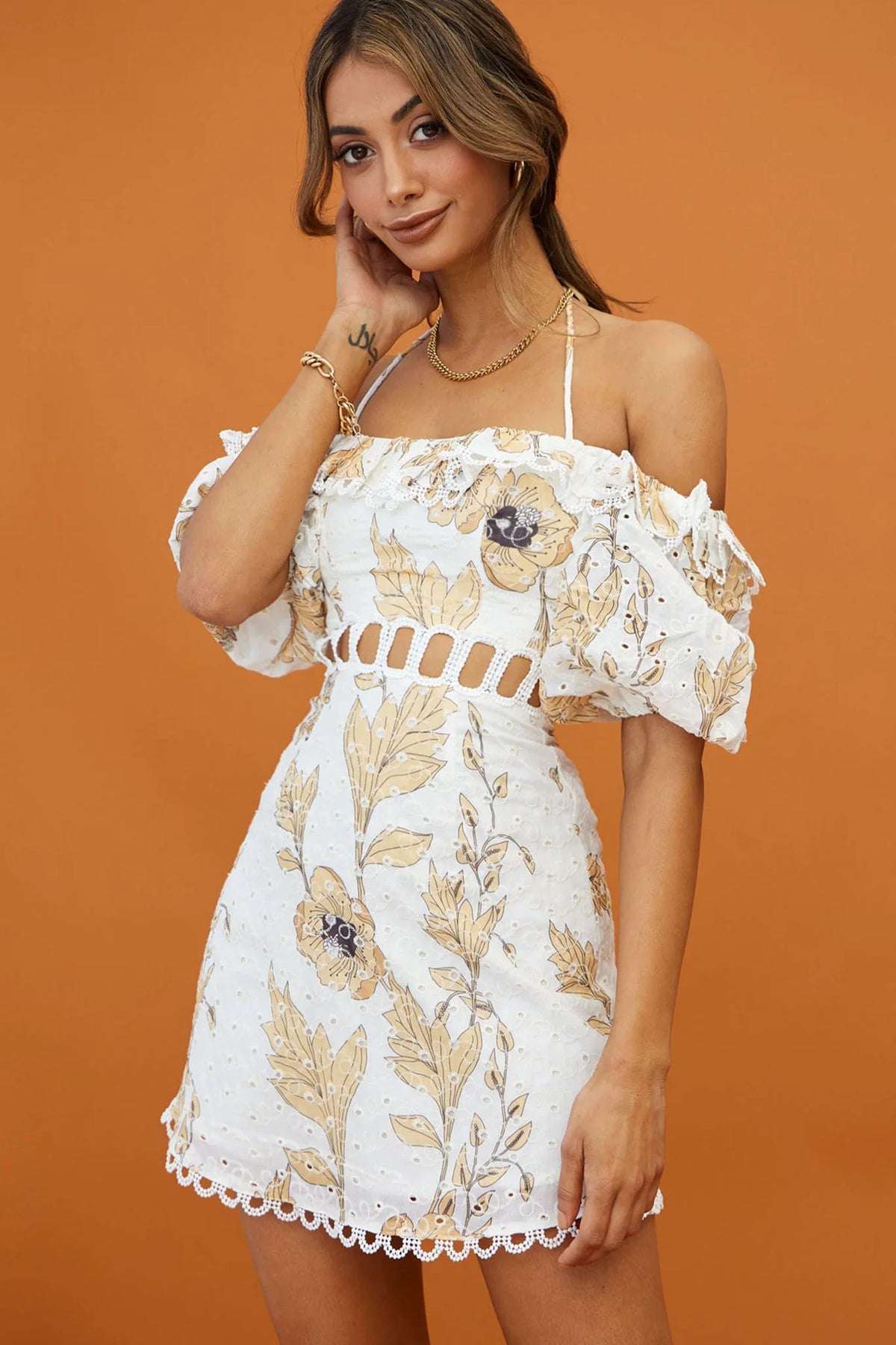 Happy Days Halterneck Puff Sleeve Eyelet Dress Floral Print Sunflower