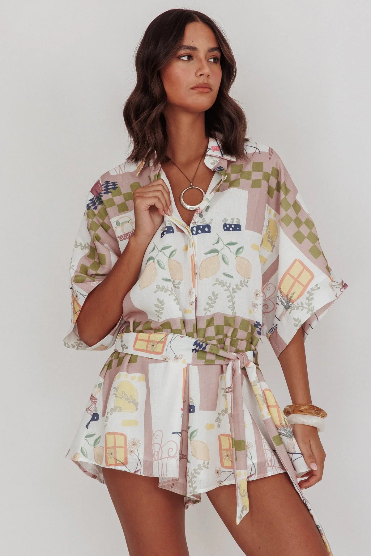 Daytona Beach Button-Up Romper Euro Print Olive