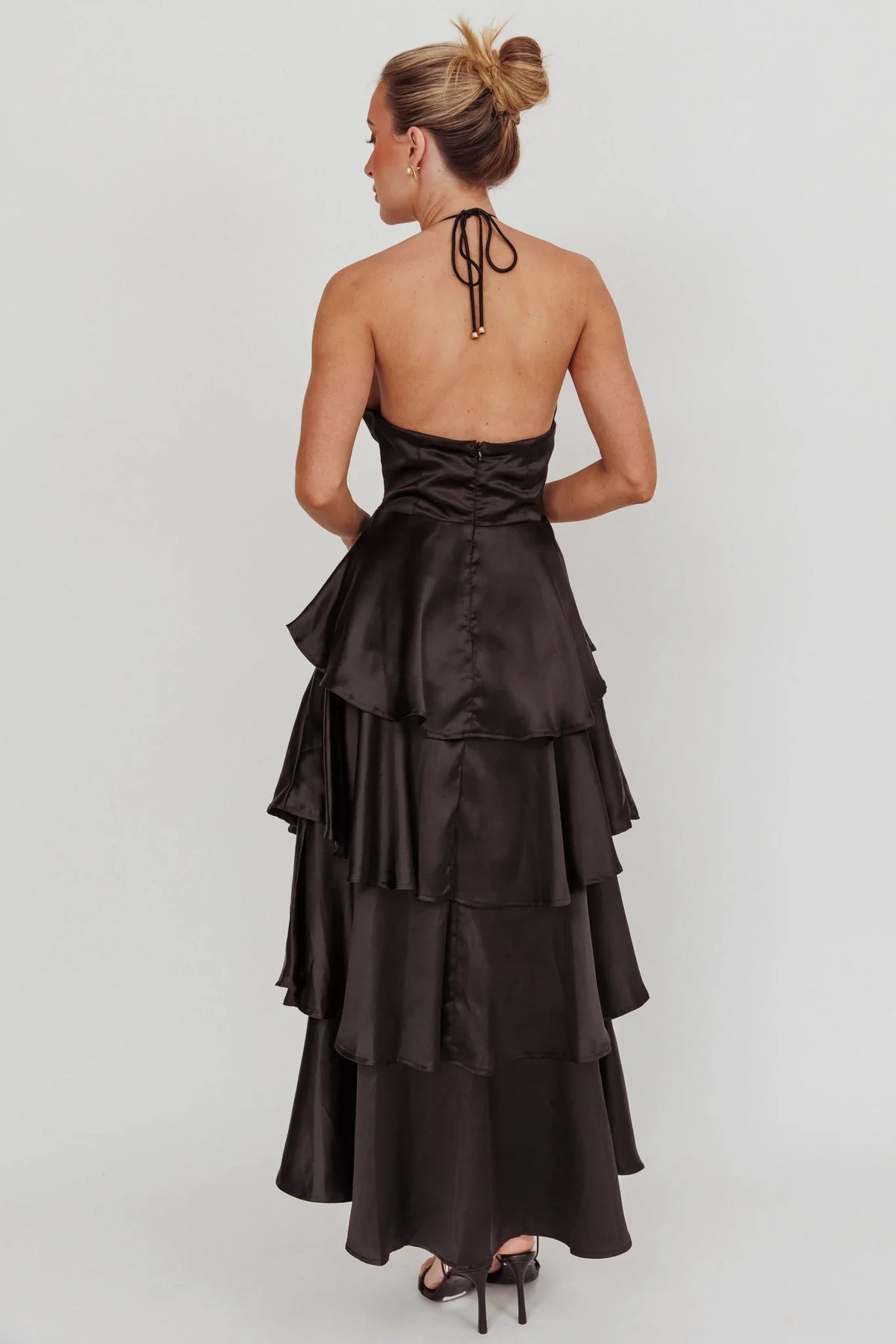 Catalina Tiered Ruffle Rosette Maxi Dress Black